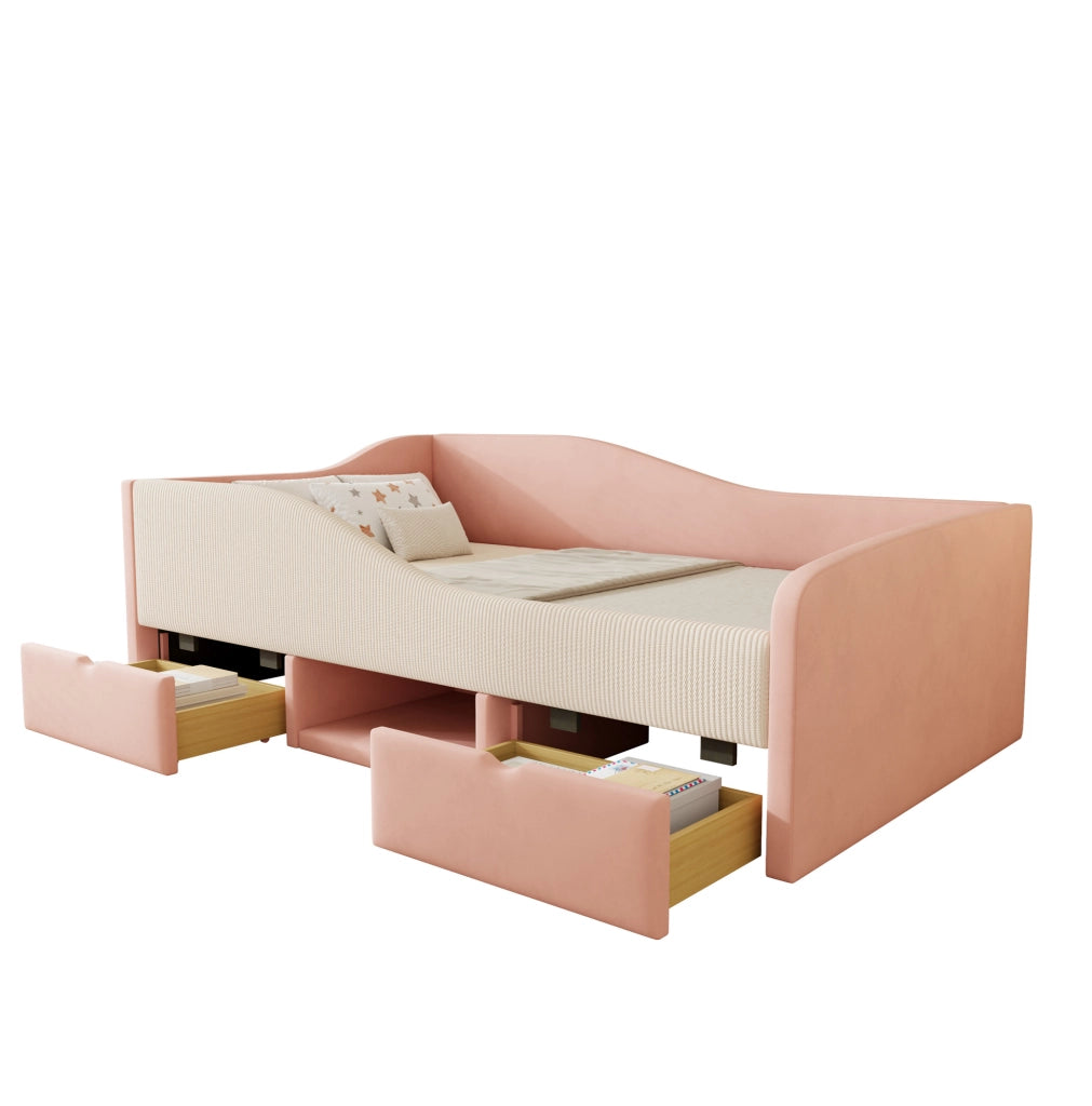 Letto imbottito 90 x 190 cm rosa e bianco con cassetti e sponde