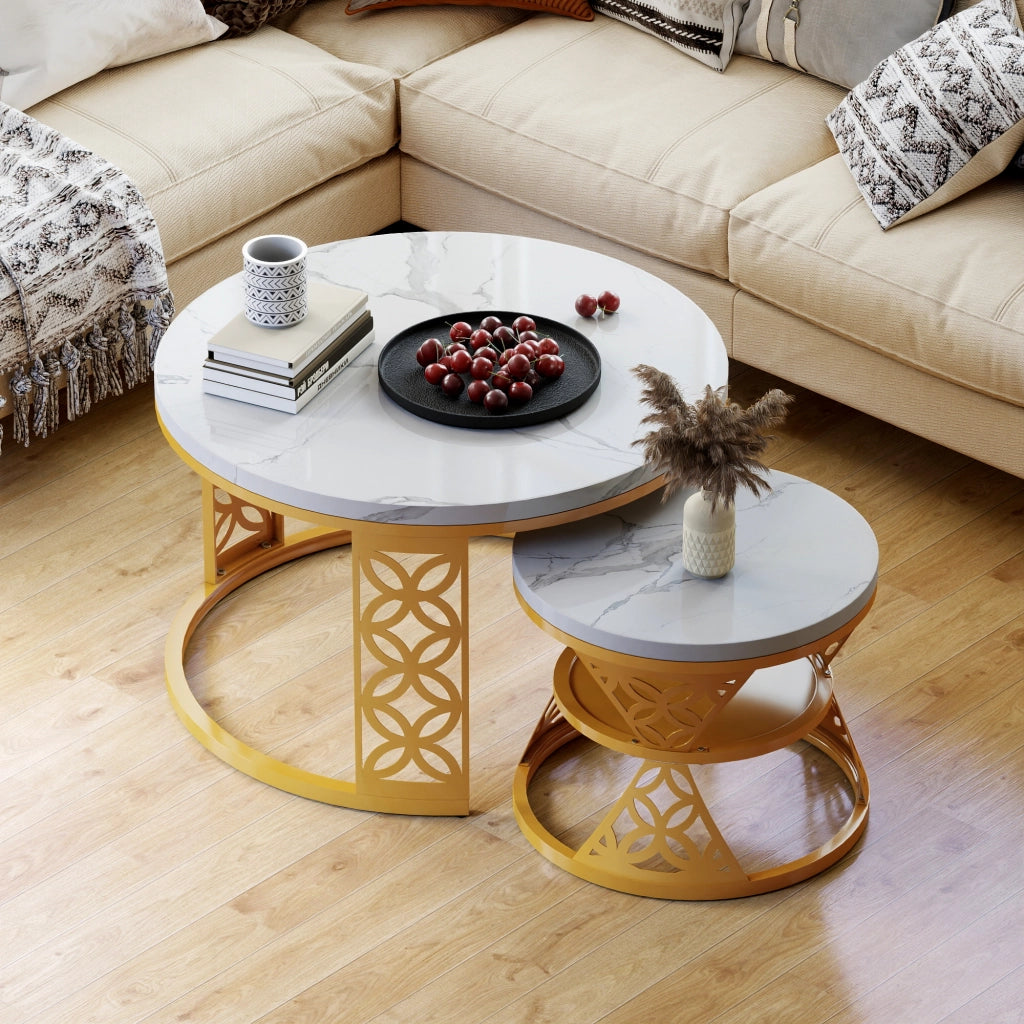 Set di 2 Tavolini da Salotto in Metallo 70 x 70 x 45 cm e 45 x 45 x 37 cm con Base Antiscivolo Bianco e Oro
