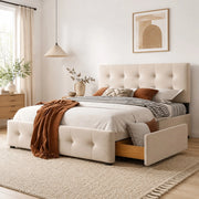 Letto imbottito con testiera; 4 cassetti e rete a doghe; beige