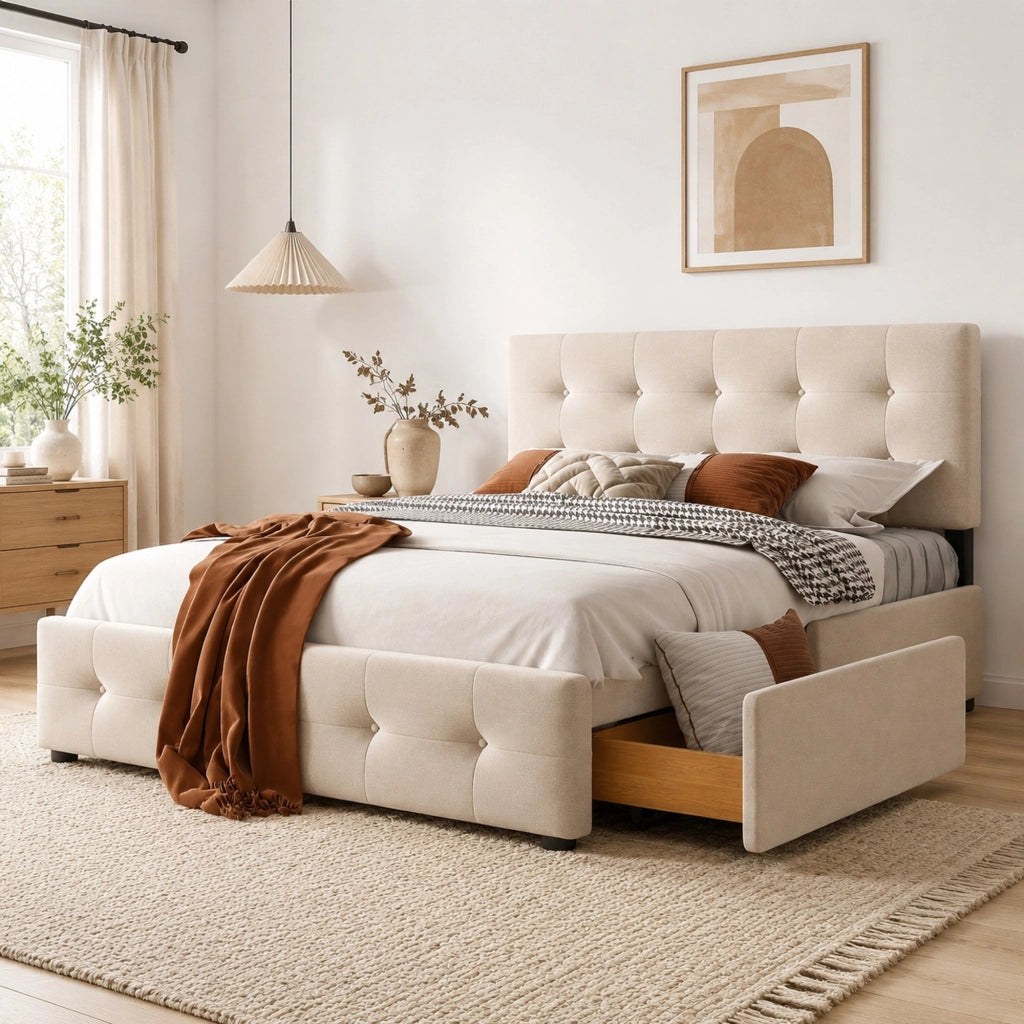 Letto imbottito con testiera; 4 cassetti e rete a doghe; beige