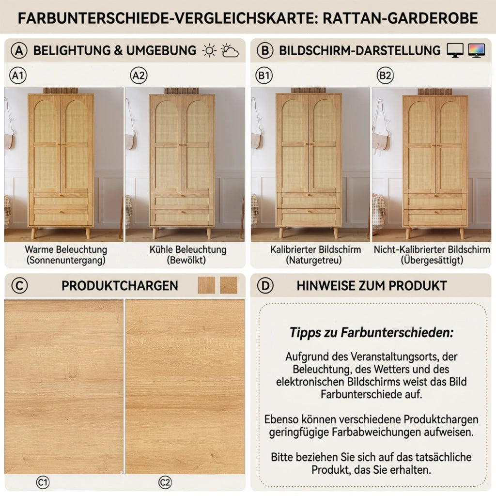 Armadio con 2 ante, appendiabiti, ripiani e 2 cassetti per camera, in MDF naturale, 80 × 50 × 180 cm