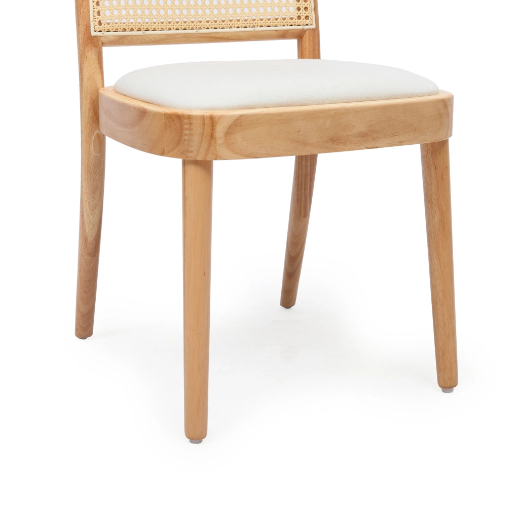 Set 4 sedie da pranzo in legno massello con schienale in rattan e seduta in lino; color legno HOMVRA