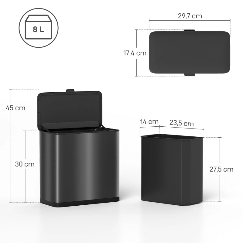 Pattumiera da cucina 8 l con coperchio; da appoggio o appendere; acciaio inox 410 nero 32 × 20 × 37 cm