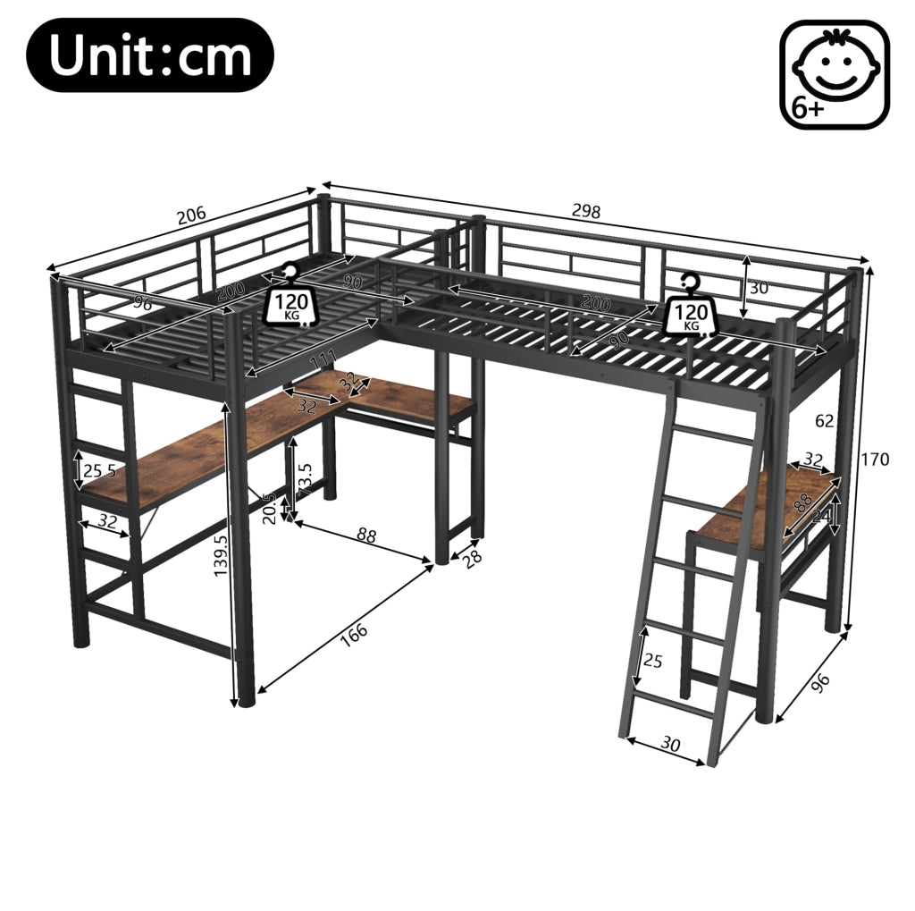 Letto a soppalco 90 x 200 cm con scrivania; scala doppia e parapetto alto; ferro e MDF; nero