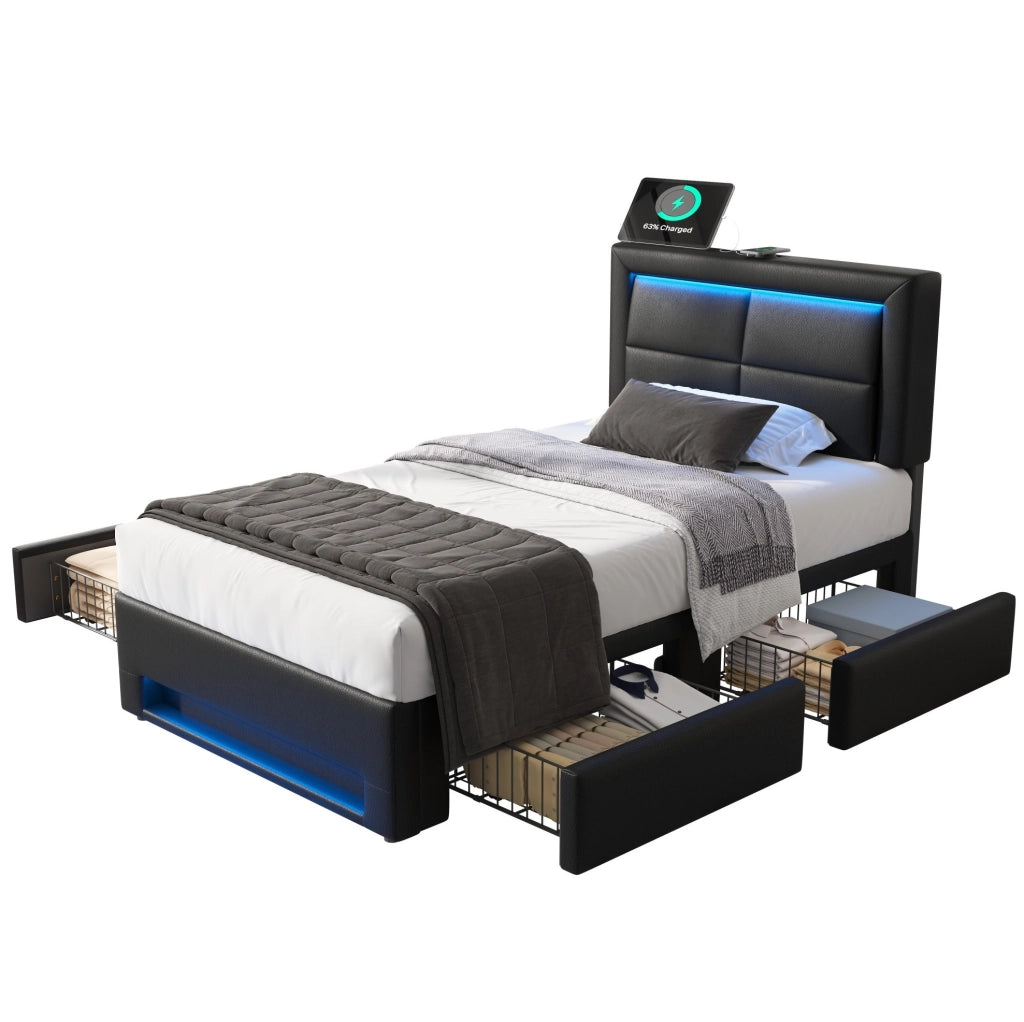 Letto imbottito 90x200 cm con LED, USB e 4 cassetti
