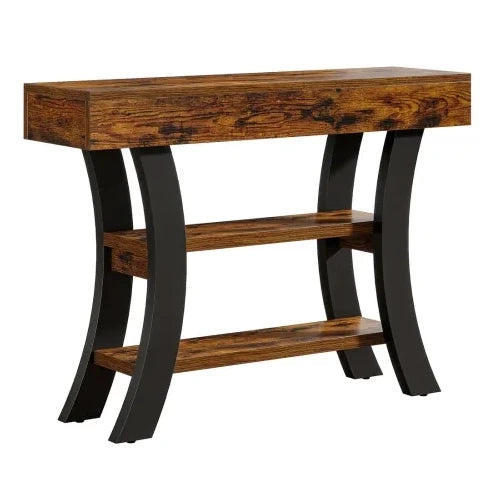 Consolle ULEVR 105x30x80 cm con 3 ripiani aperti, struttura in MDF e metallo, nero e marrone rustico