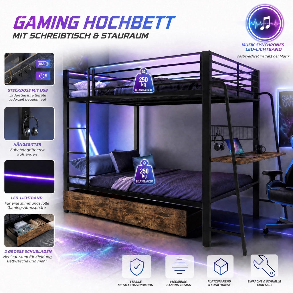 Letto a soppalco 140x200 cm con scrivania; LED RGB; prese USB e Type-C; nero