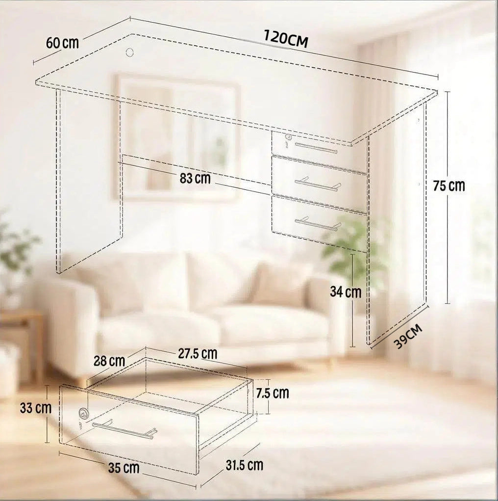 Scrivania da ufficio in legno bianco con 3 cassetti e piano di 120x60 cm