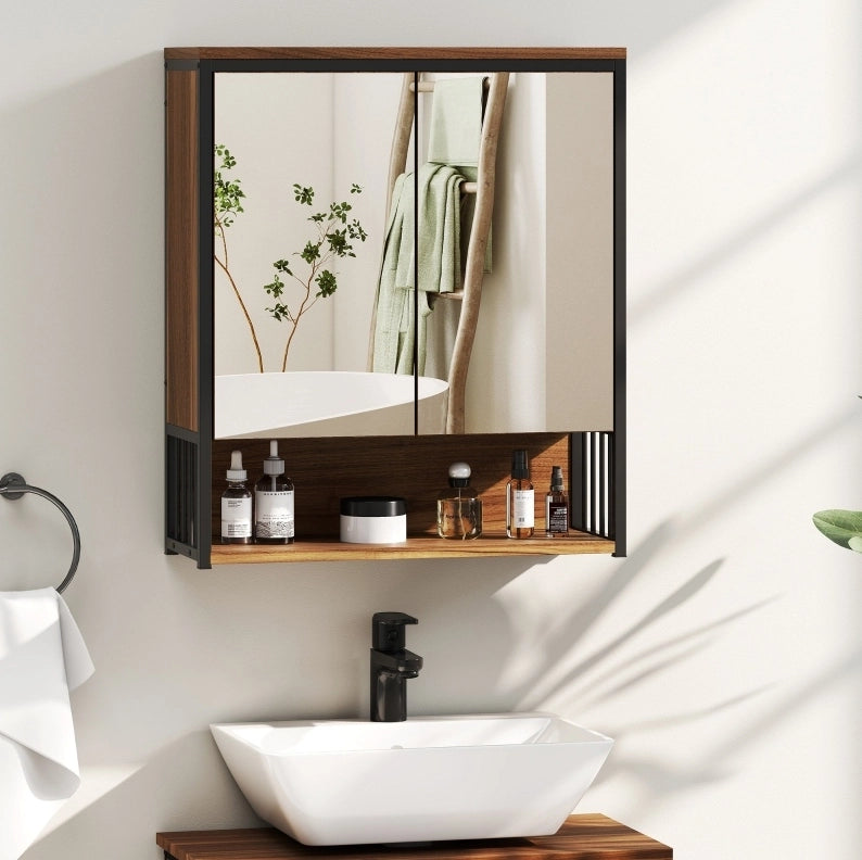 Mobile bagno sospeso in MDF e truciolato marrone con specchio 25x40,5 cm