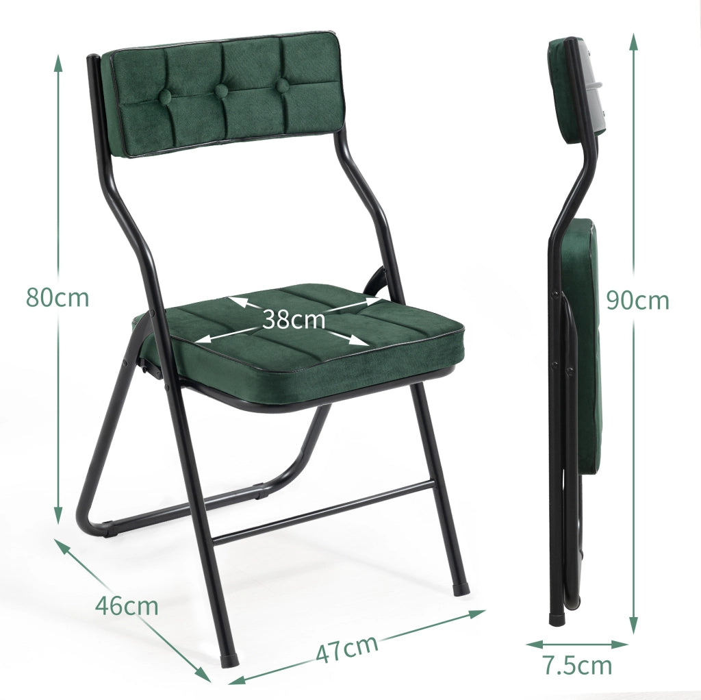 Set di 2 sedie pieghevoli imbottite in velluto verde con struttura in acciaio