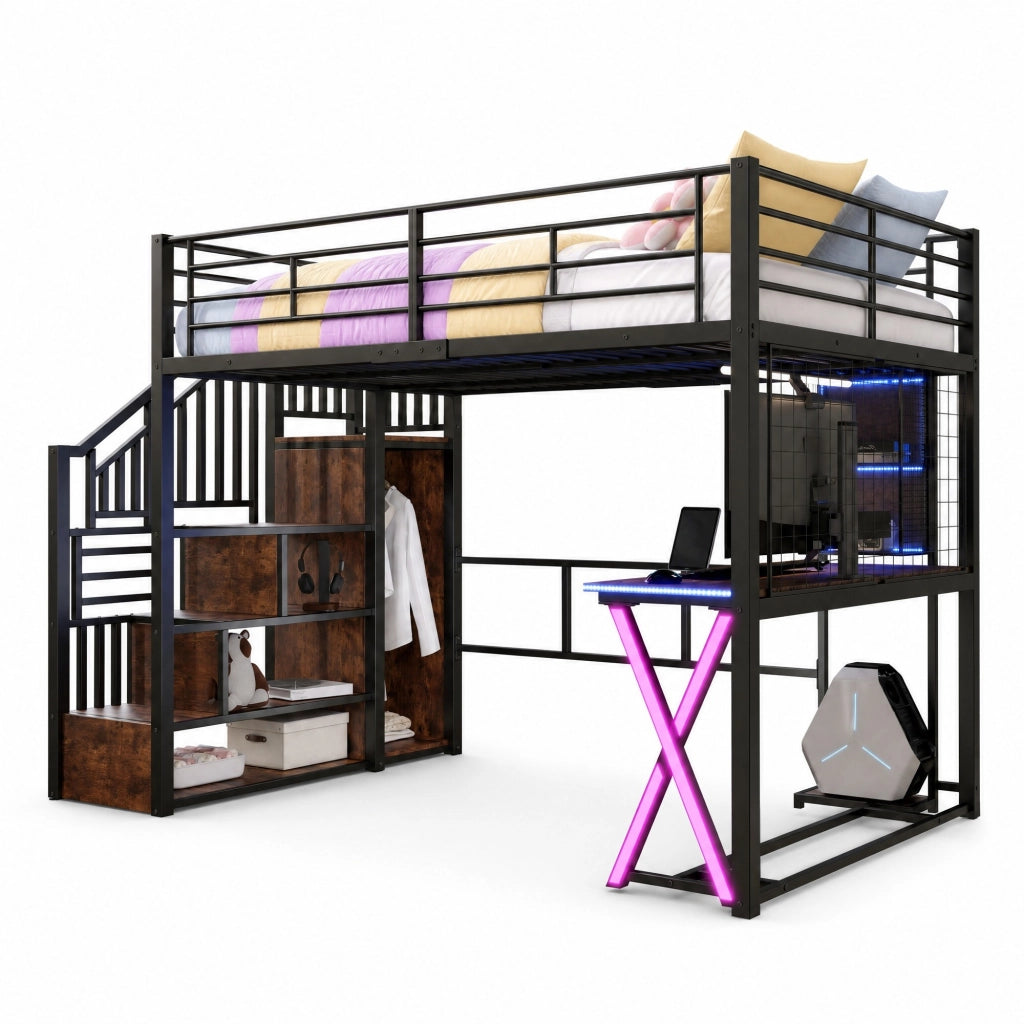 Letto a soppalco 140 x 200 cm con scrivania, armadio, scaffali e luci