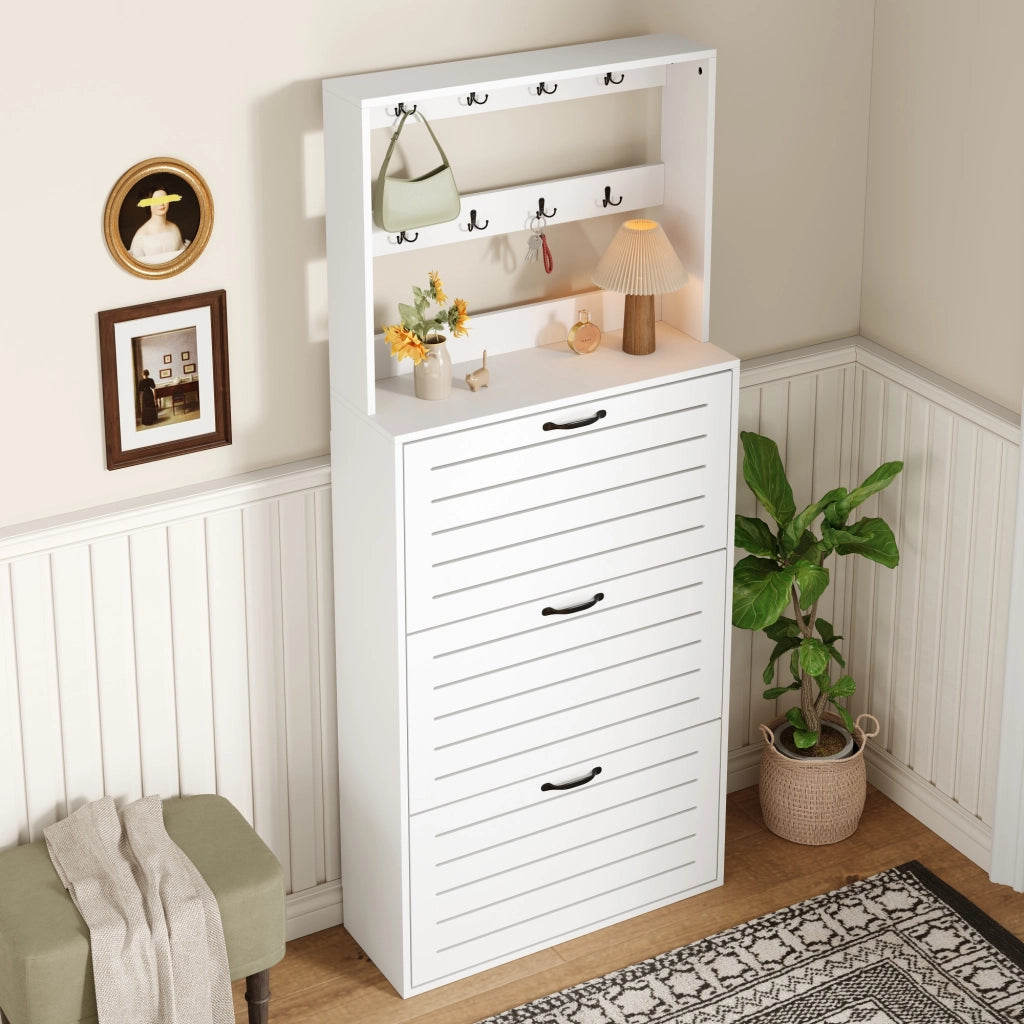 Scarpiera con 3 ripiani e 8 ganci per accessori, per ingresso e camera da letto, in truciolare bianco, 70 × 25 × 165 cm