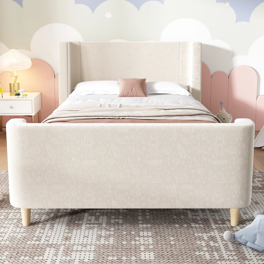 Letto singolo 90 × 200 cm in velluto beige con testiera imbottita motivo spaziale e rete a doghe in legno inclusa