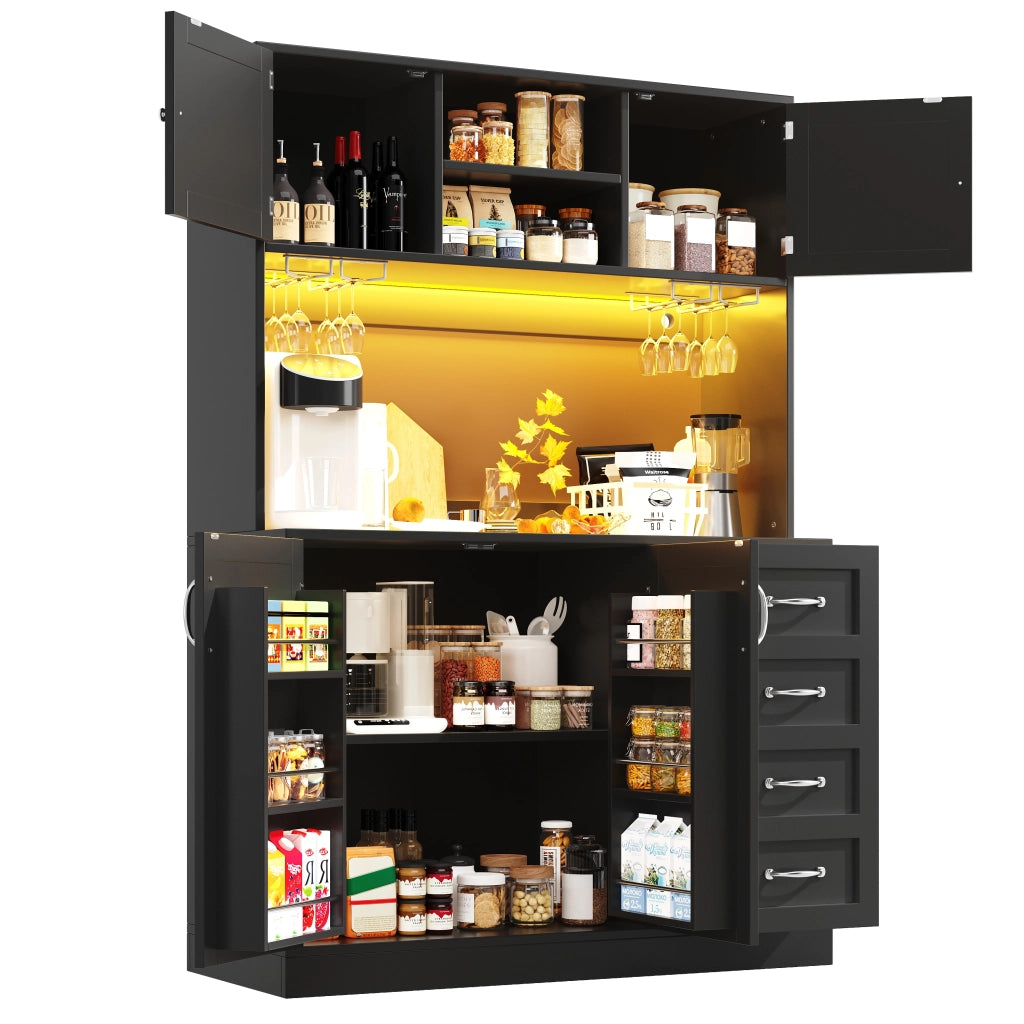 Credenza da cucina alta con LED, 4 ante, 2 cassetti e portabottiglie, per cucina, in MDF nero, 120 × 40 × 188 cm