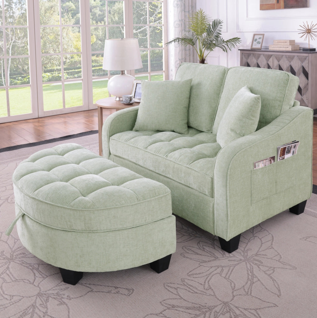 Divano letto trasformabile 132x129x93 cm con pouf contenitore in legno di eucalipto; ciano