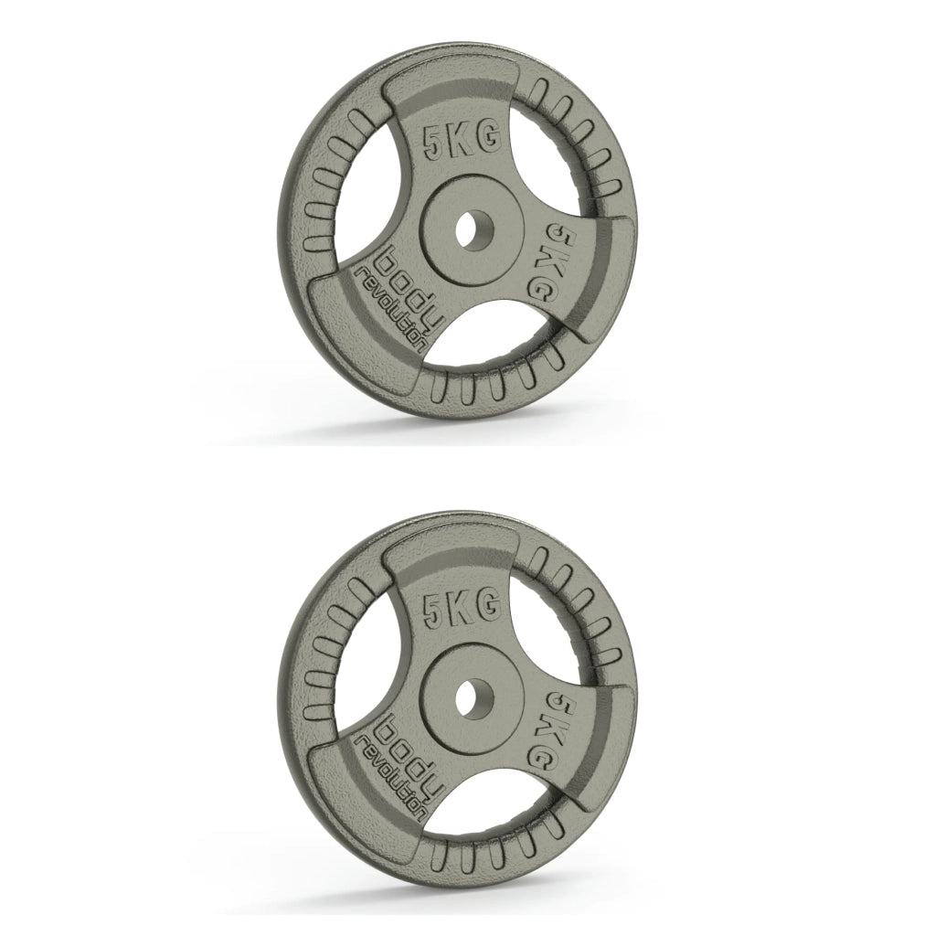 2 dischi da 5kg tri-grip cromati. Per bilancieri da 25mm.