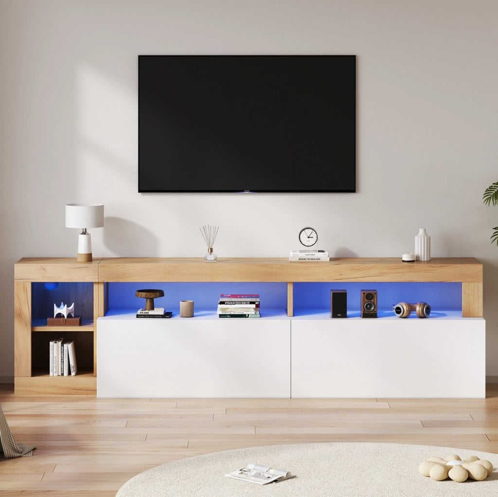 Mobile TV moderno 184x42x58 cm con LED; finitura bianco e legno; in truciolare