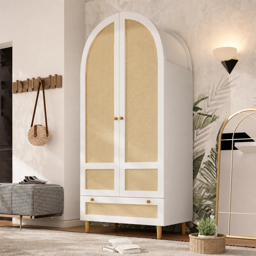 Armadio Bianco 80x50x180 cm in MDF con Design ad Arco; Bastone Appendiabiti e Cassetto per Camera da Letto