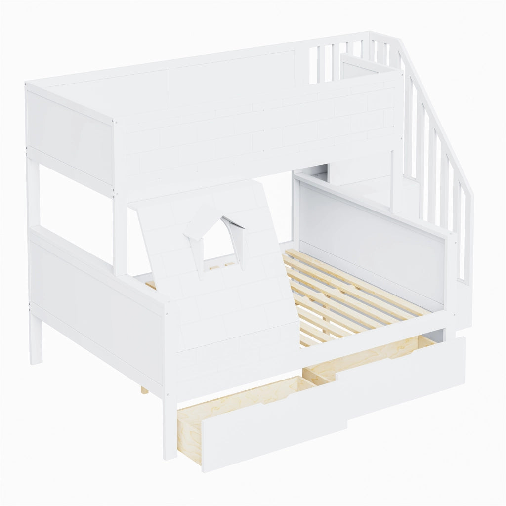 Letto a castello con scala di sicurezza cassetti e finestra legno bianco 90x200 140x200 cm