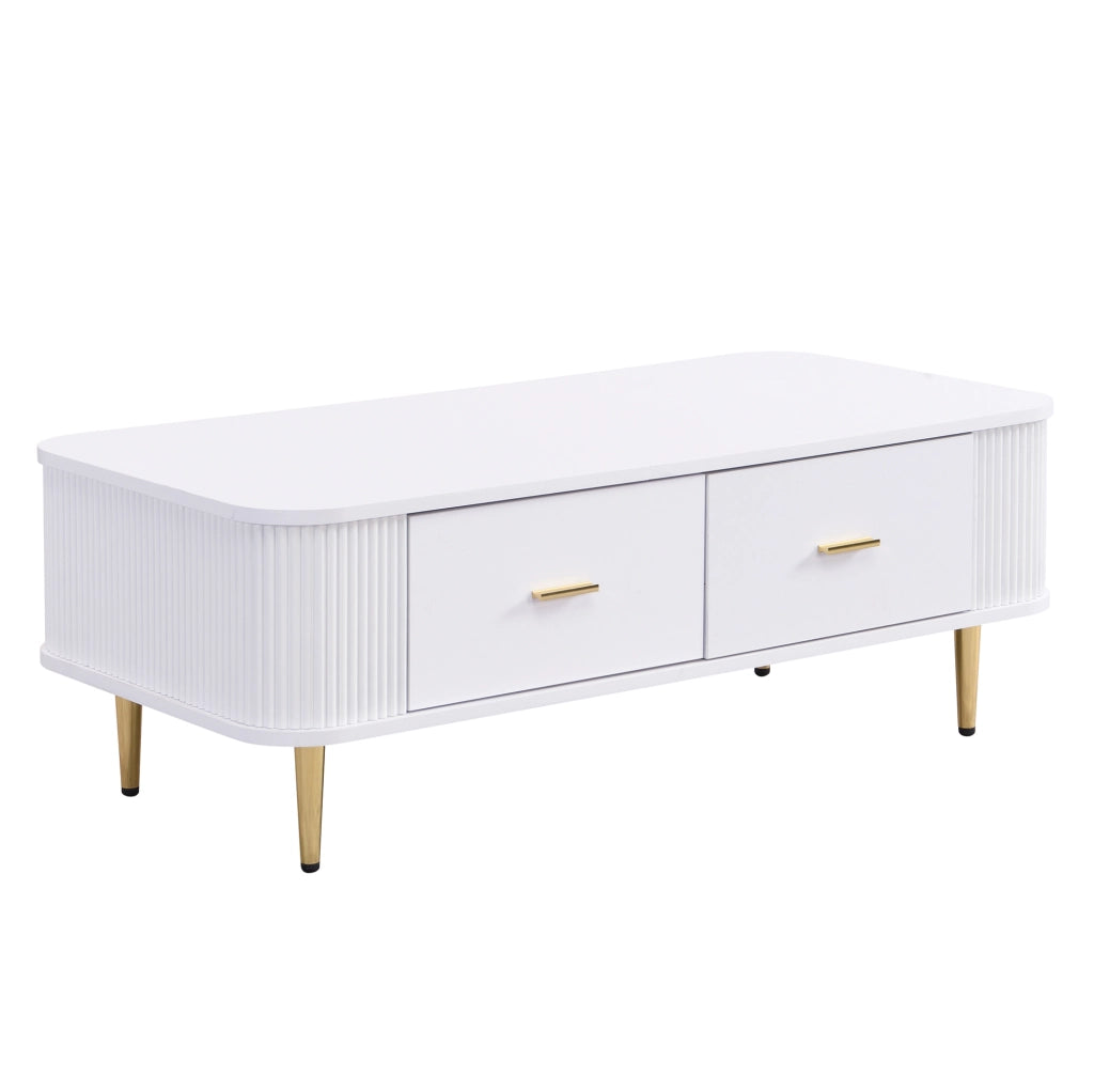 Tavolino da salotto moderno 105x51x38 cm in MDF bianco con 4 cassetti e dettagli oro