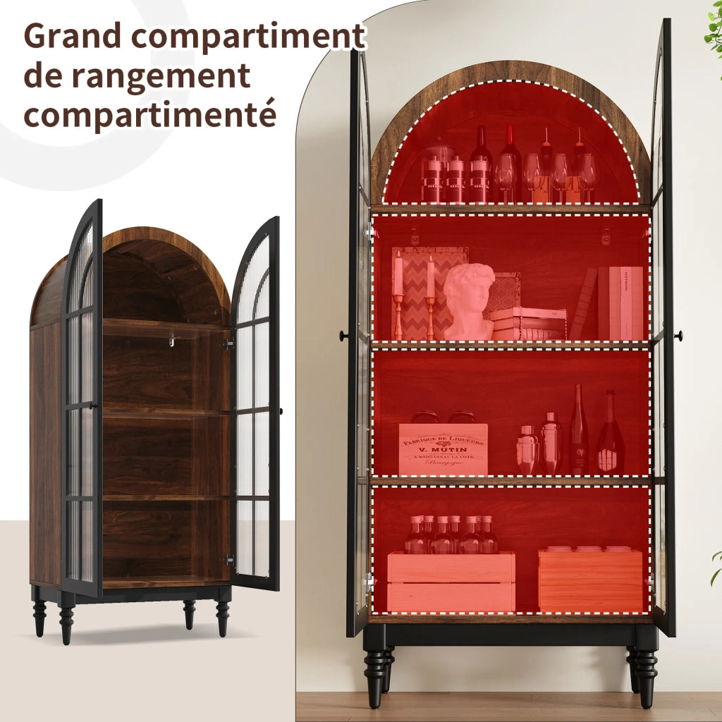 Armadio alto ad arco con ante in vetro, 2 ante, finitura effetto legno, mobile contenitore autoportante per cucina e soggiorno