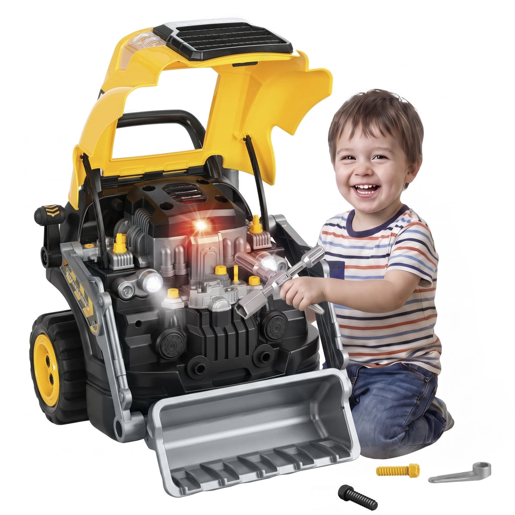 Jouet Moteur de Camion et Pelle pour Enfants, Camion Mécano, Volant, Effet de Brume, Sonores et Lumineux, 3-6 Ans, Jaune