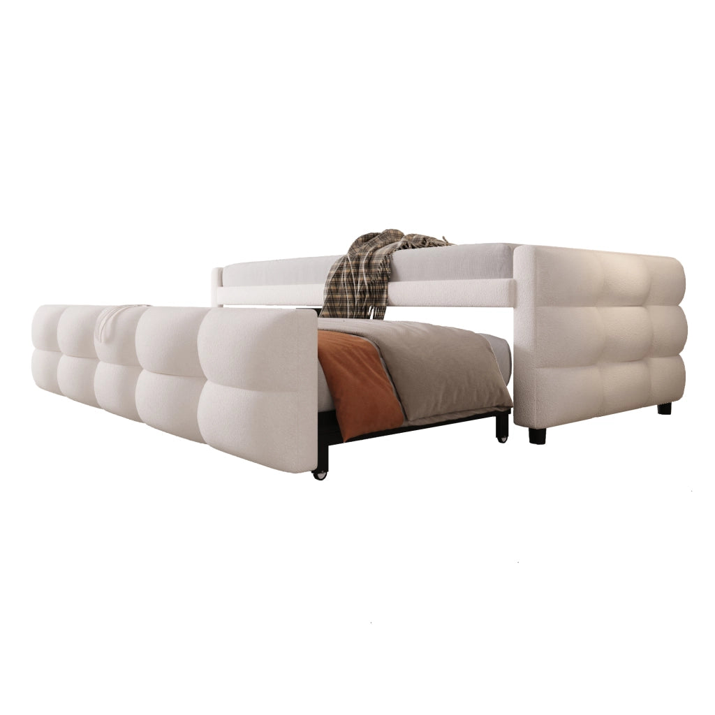Letto imbottito estraibile 90/180 x 190 cm con rete a doghe; tessuto teddy beige; divano letto salvaspazio
