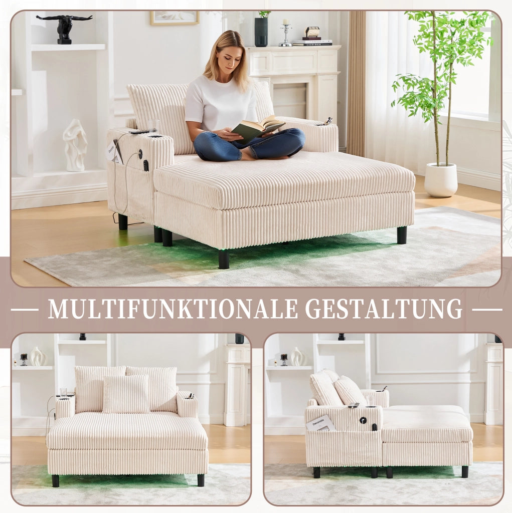 Poltrona relax beige con luci LED, porte USB e portabicchieri