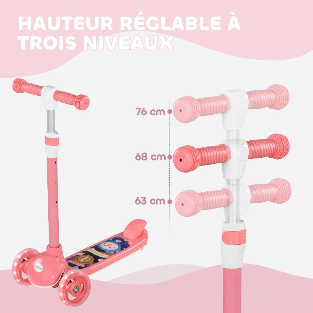 Monopattino per Bambini 3 Ruote con Luci LED Manubrio Regolabile e Freno Posteriore da 2 a 6 Anni Rosa