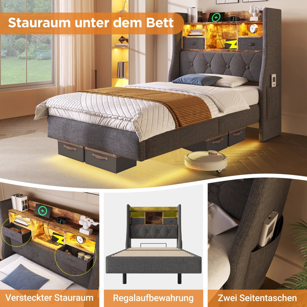 Letto singolo 90 × 200 cm 1 posto con LED regolabile; testiera contenitore; 3 USB e Type-C; senza materasso; grigio