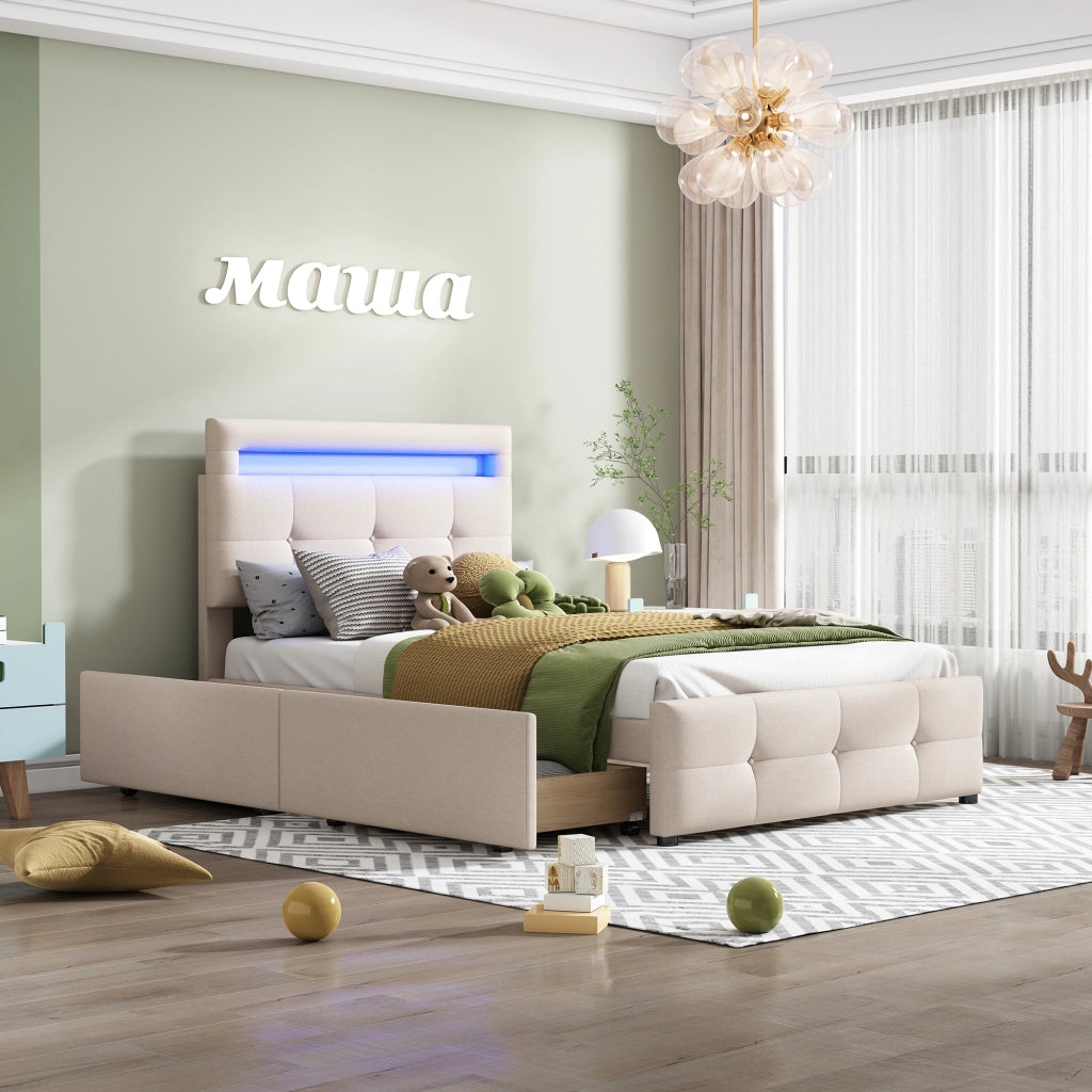 Letto Singolo 90x200 Imbottito Beige con Luci LED e 2 Cassetti Rivestimento in Lino