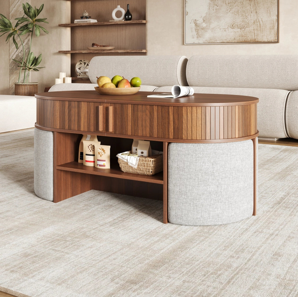 Tavolino da salotto ovale con ante scorrevoli, rivestimento a scanalature verticali e pouf in tessuto, struttura in truciolato e MDF, color noce