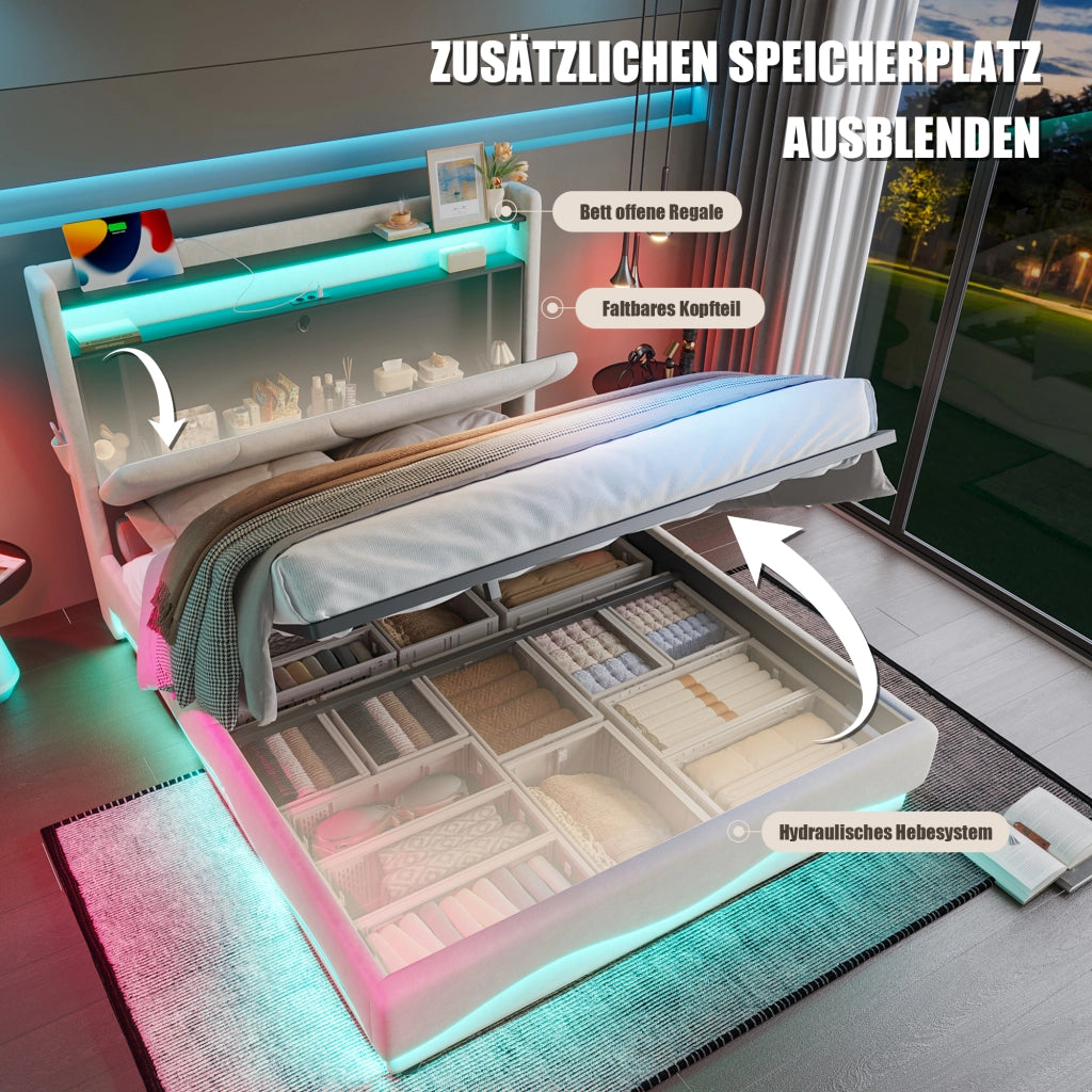 Letto matrimoniale imbottito 140 × 200 cm con contenitore velluto beige LED USB e Type-C testiera con ripiani