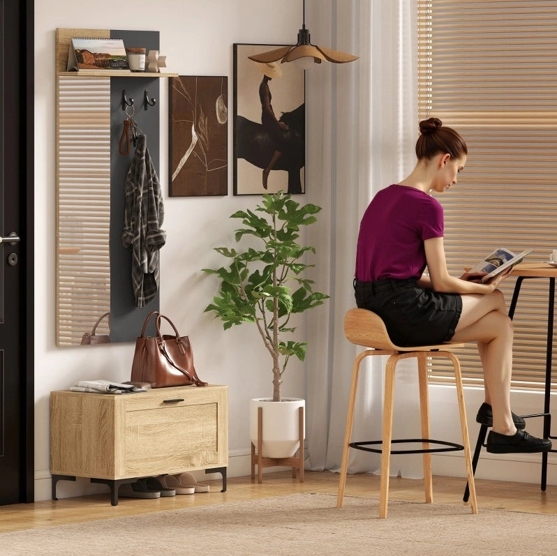 Set Appendiabiti con Specchio, Panca Porta Scarpe e Ripiano Aperto in MDF Naturale e Grigio per Ingresso