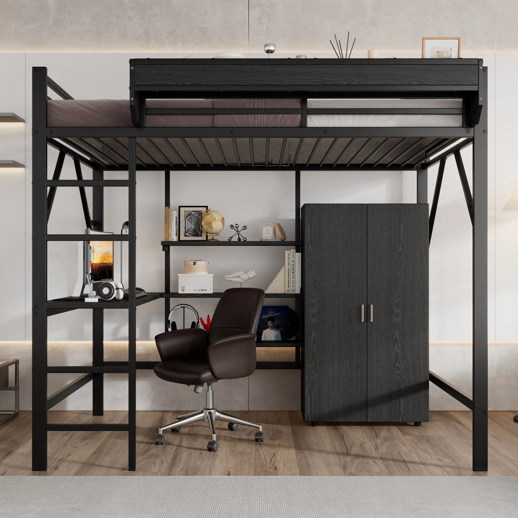 Letto a soppalco per bambini 140 × 200 cm con scrivania, armadio, ripiani e struttura in ferro e MDF nera