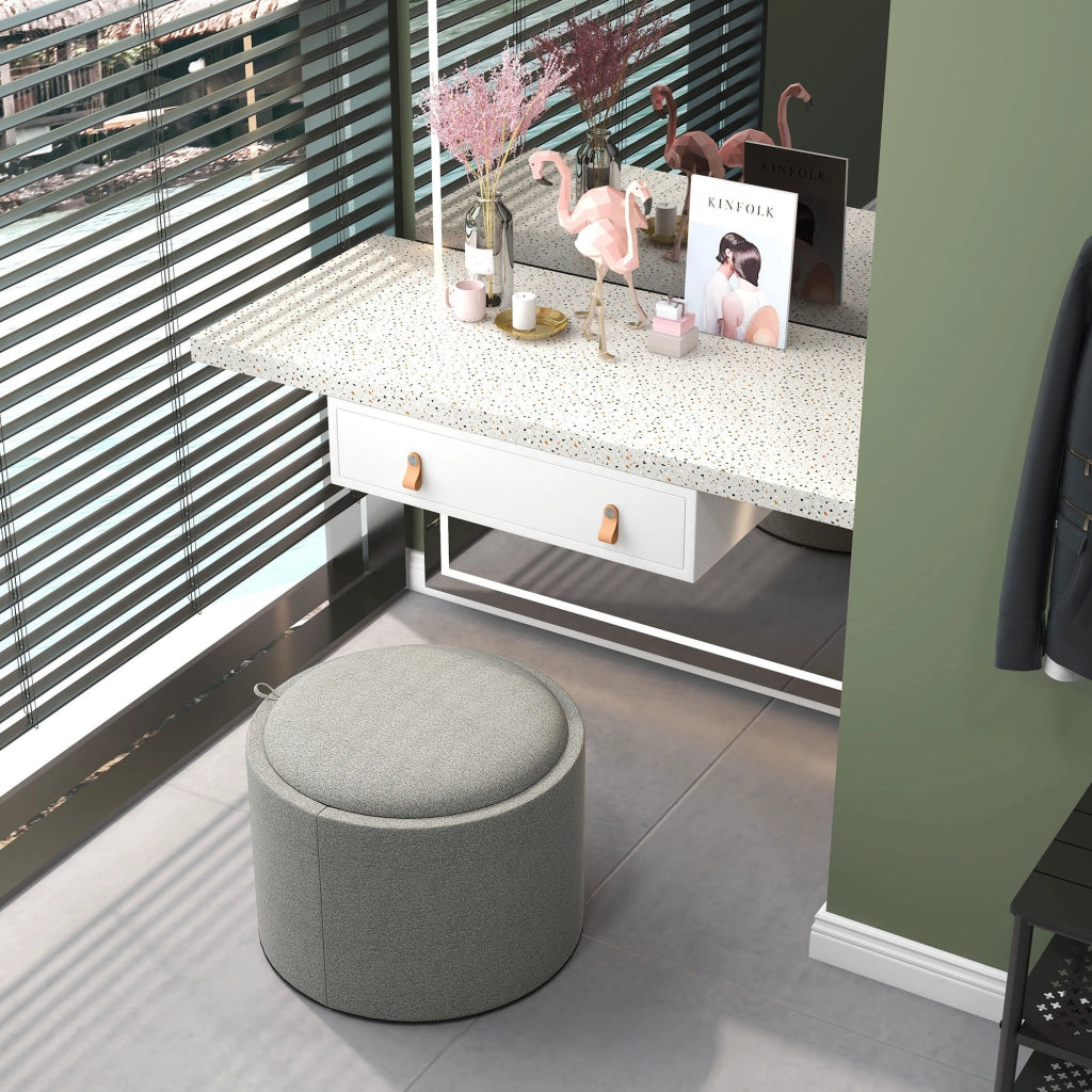 Pouf rotondo con contenitore e coperchio ribaltabile in tessuto effetto lino grigio Ø56 x 42 cm