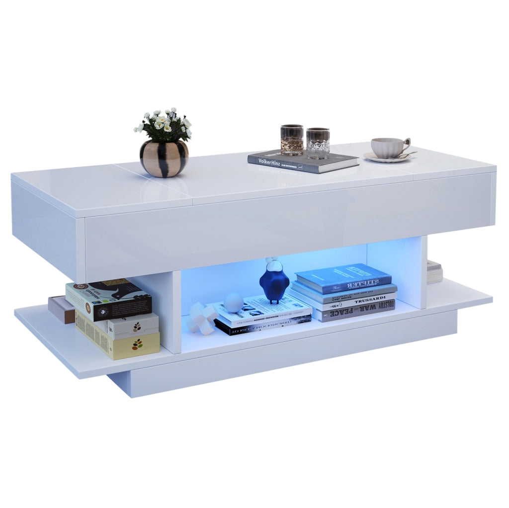 Tavolino da caffè con piano sollevabile e LED; 98 x 45 x 40 cm; truciolare bianco