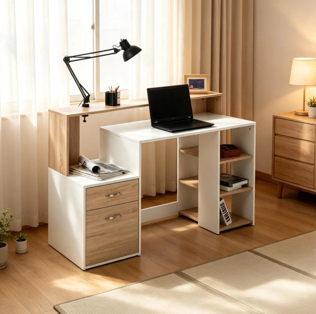 Scrivania per computer ULEVR 137x55x92 cm con 2 cassetti e 4 ripiani aperti, MDF rovere e bianco
