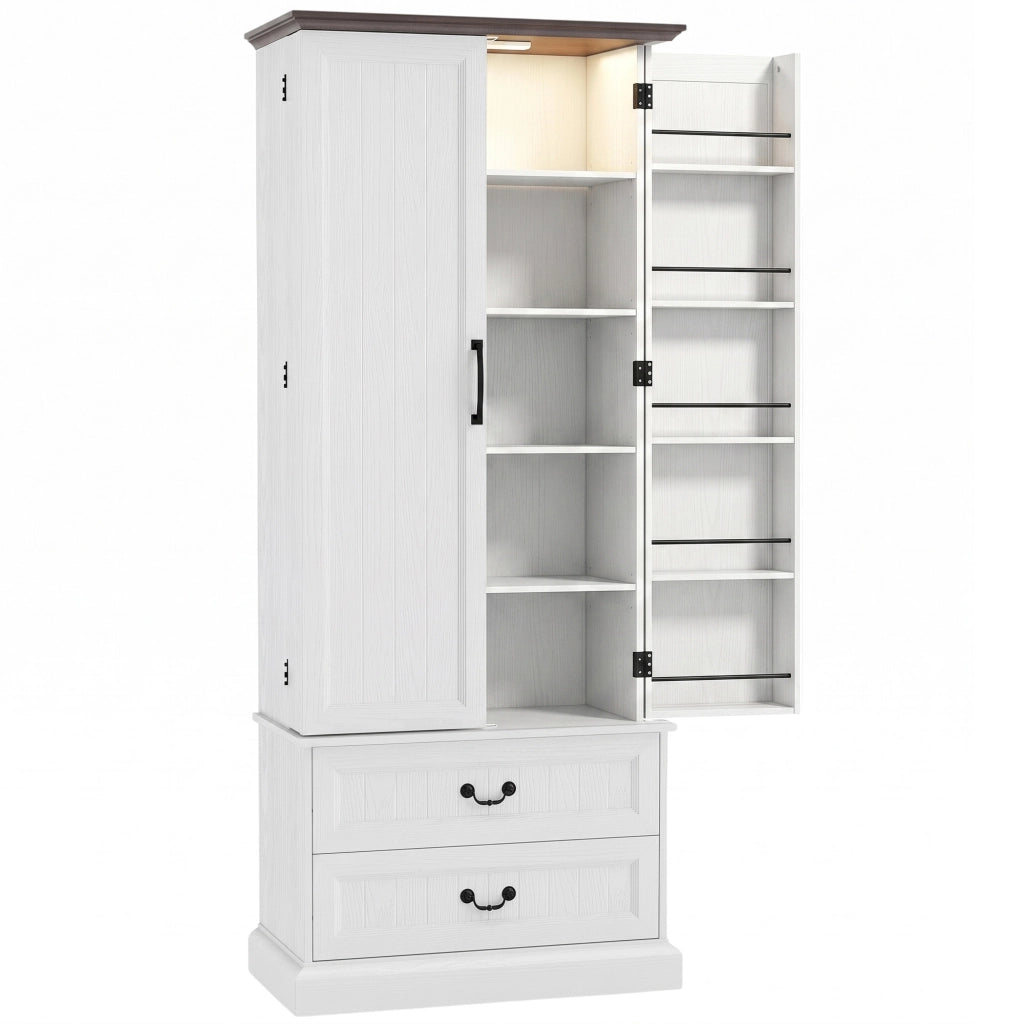 Mobile dispensa da cucina con luce LED a sensore, armadio alto 2 ante e cassetti, ripiani regolabili, 76x39,5x183cm, bianco