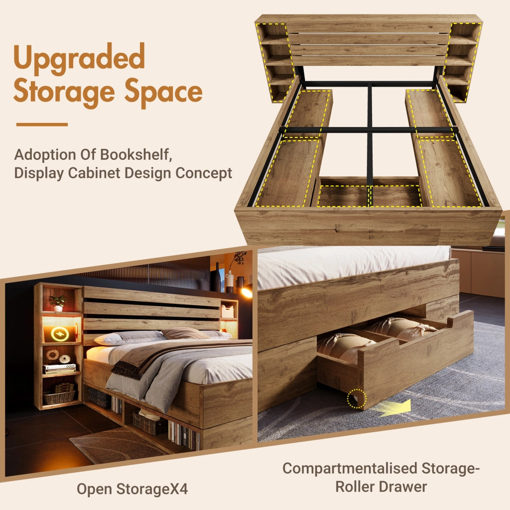 Letto matrimoniale 160 × 200 cm con LED USB e USB C in metallo e legno color rovere con cassetti