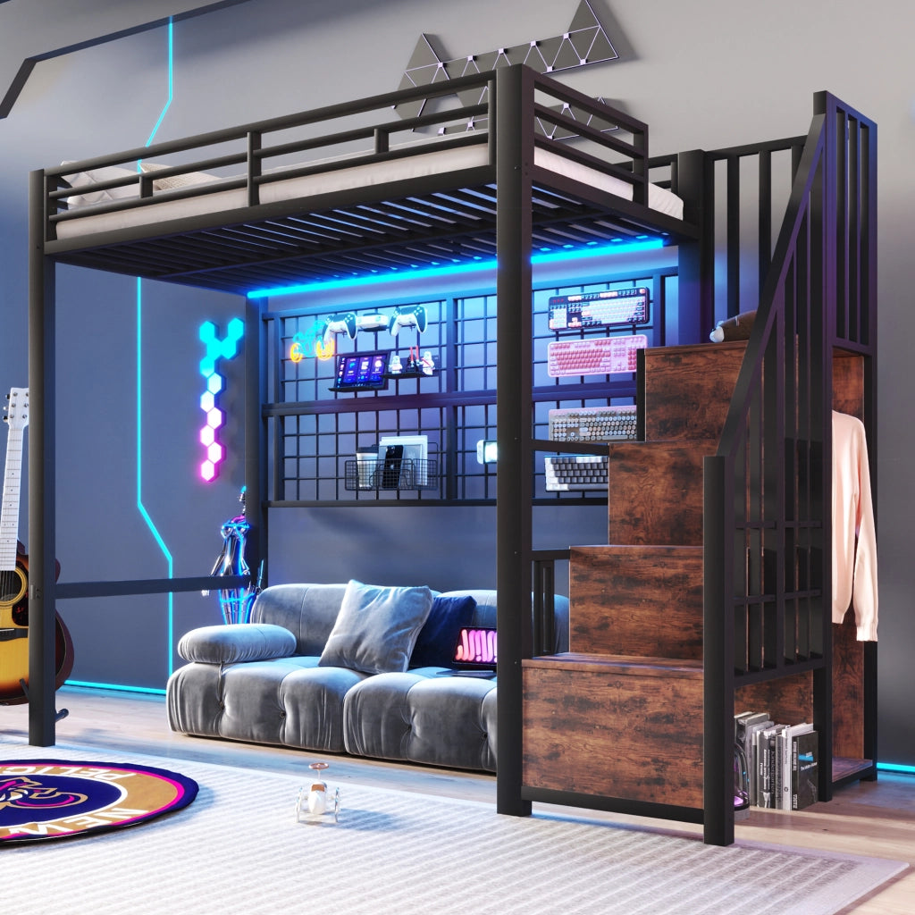 Letto a soppalco 90 × 200 cm con armadio scala contenitore griglia sospesa LED a 7 colori in metallo nero
