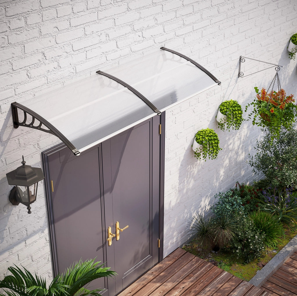 Pensilina per Porta 75x195x23 cm in Policarbonato Trasparente con Struttura in Alluminio, Protezione da Sole e Pioggia