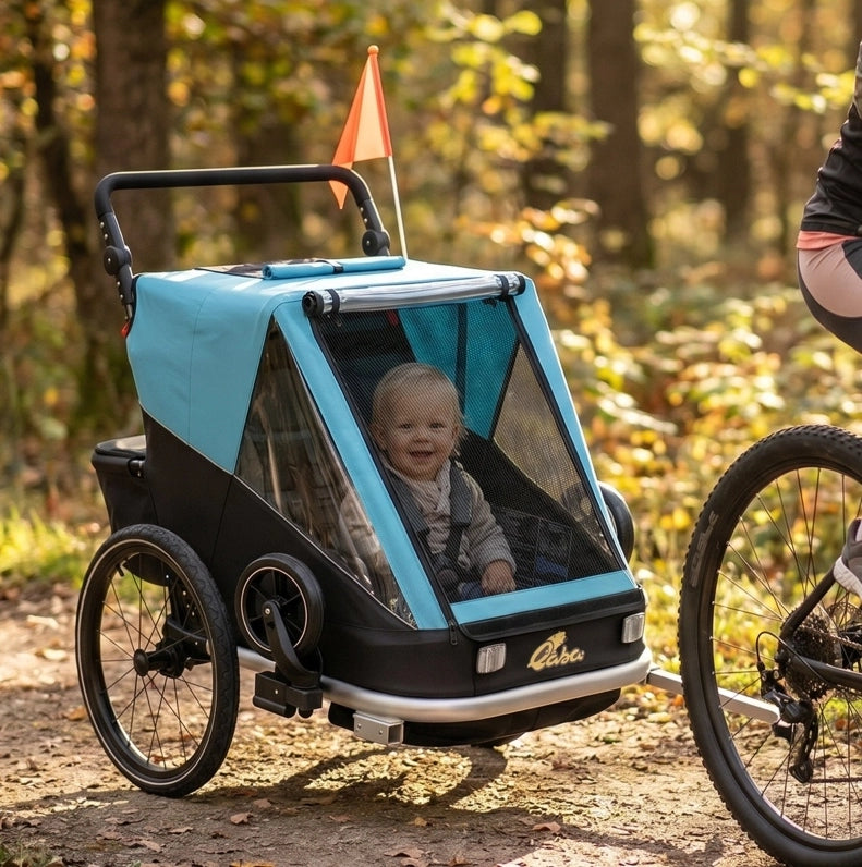 Rimorchio bici per bambini 2 posti blu in alluminio; pieghevole 2 in 1