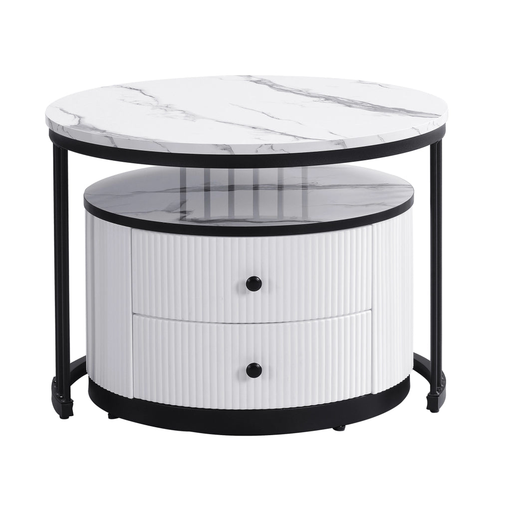 Set di 2 tavolini da caffè rotondi con cassetti; MDF effetto marmo bianco e nero