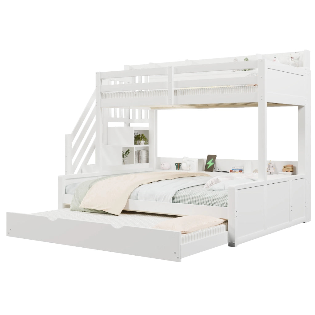 Letto a castello 90 × 200 cm e 140 × 200 cm con letto estraibile; scala contenitore e USB; in legno bianco