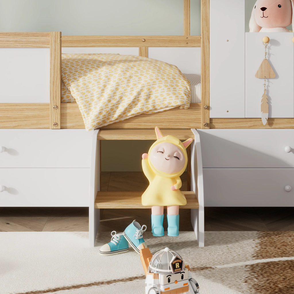 Letto a casetta 90 ¡Á 200 cm con cassetto e scala in legno bianco con rete a doghe e barriera laterale
