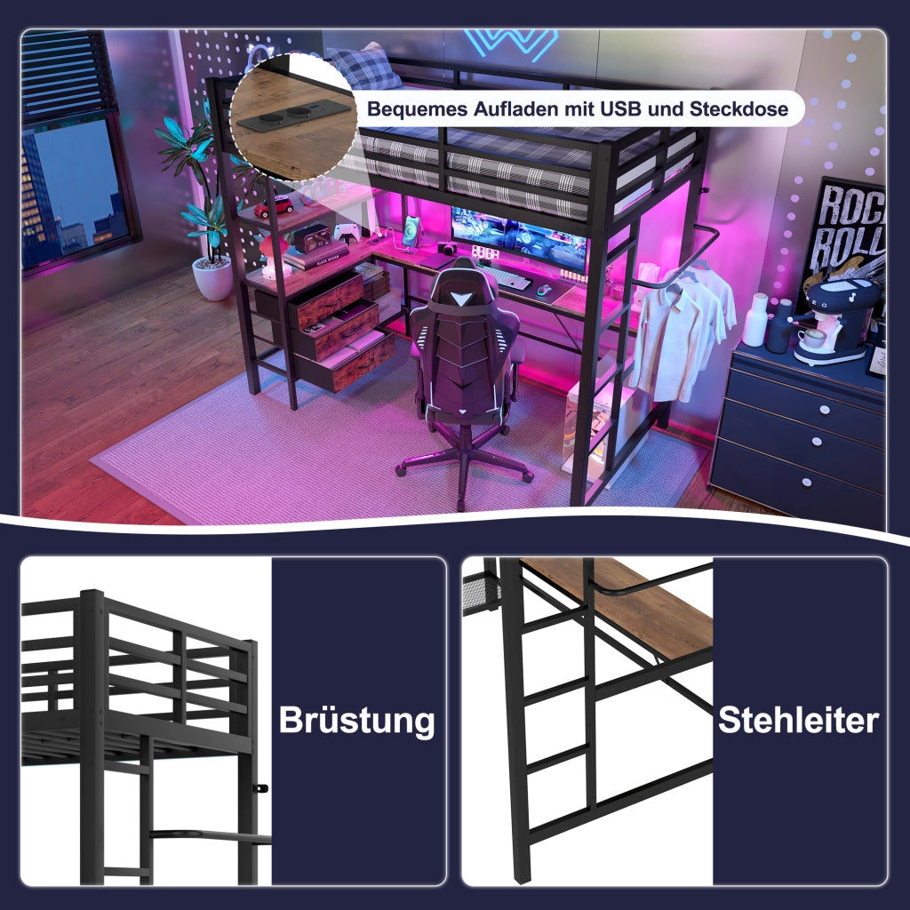 Letto a soppalco 90 × 200 cm con scrivania; LED con telecomando; presa USB; 3 cassetti; ripiani; nero