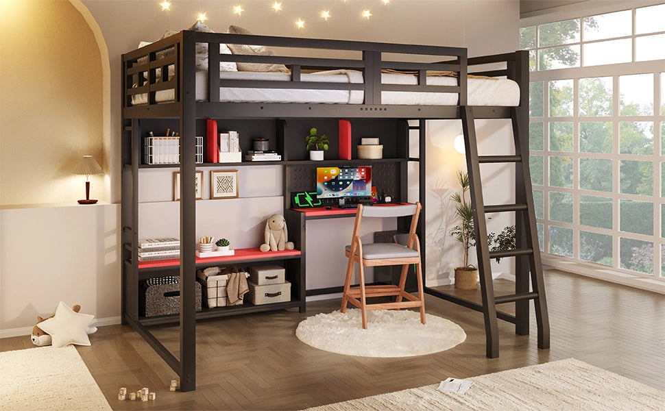 Letto a soppalco 140x200 in metallo con scrivania e LED RGB; nero