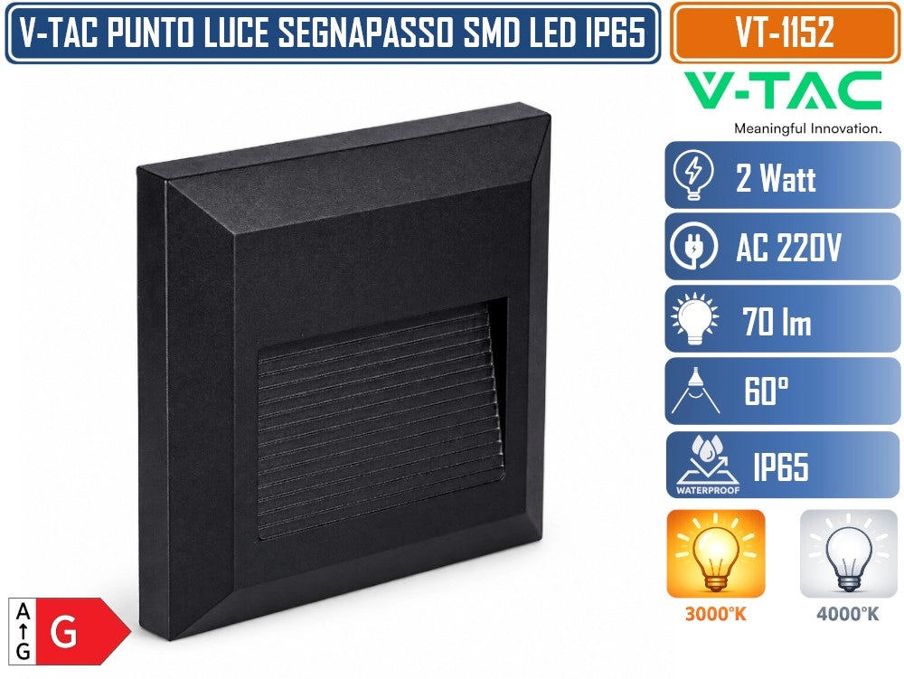V-TAC VT-1152 FARETTO SEGNAPASSO LED QUADRATO DA PARETE 2W A MONTAGGIO SUPERFICIALE PER INTERNO ED ESTERNO IP65 NERO 70 LM 3000K/ - Colore Luce:Bianco Naturale