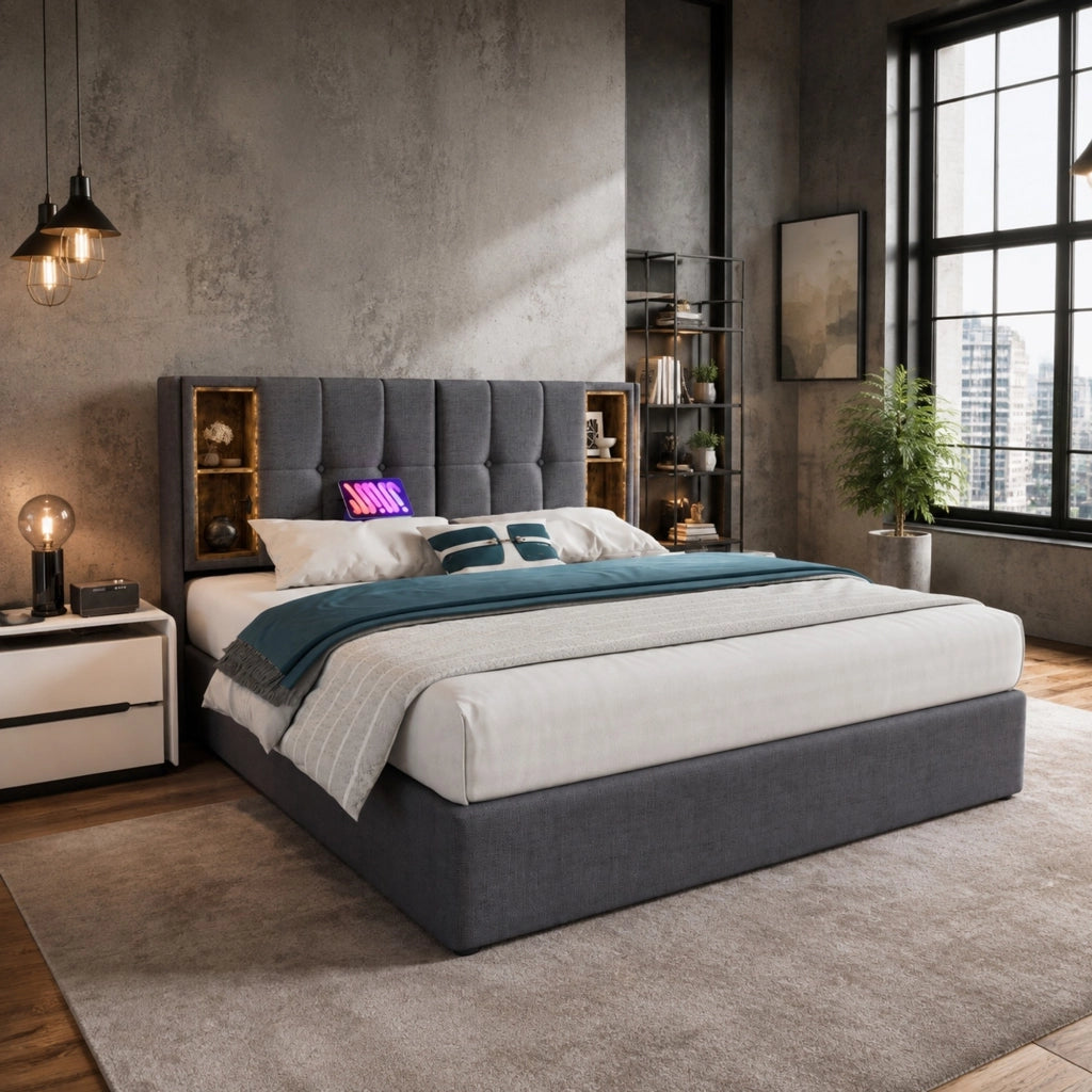 Letto contenitore 140 × 200 cm con ricarica wireless USB e USB-C rete a doghe in legno cotone grigio